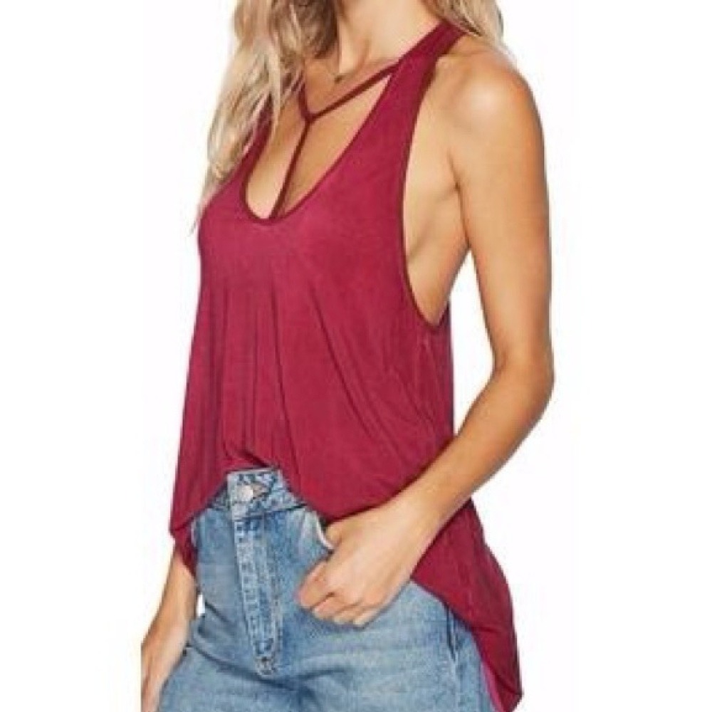 We The Free Free People Strappy V-Neck Racerback Tank Top Berry Wine MEDIUM